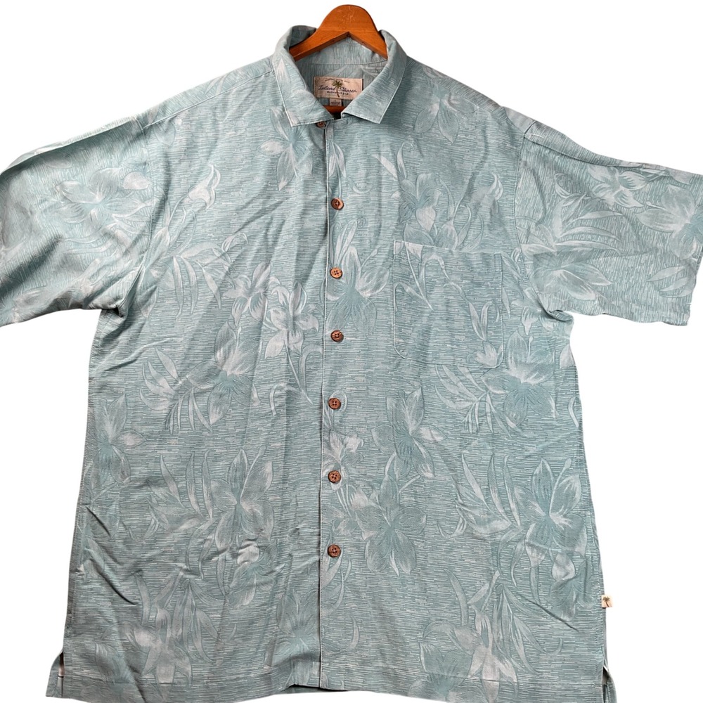 Island‎ Shores Button Up Shirt Mens Large Blue Excellent Silk Floral Tropical